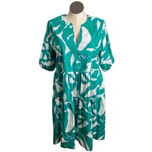 Chico's Womens Green Leaf Print Dress 12 100% Pima Cotton A Line Tiered Skirt